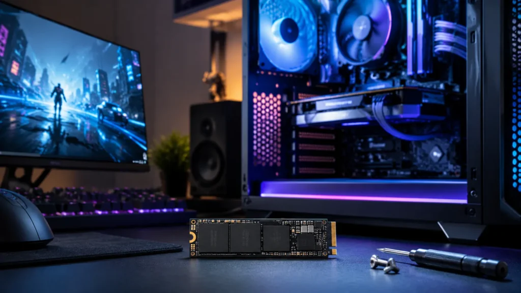 SSD NVMe 2 To devant un PC gaming moderne avec éclairage RGB.