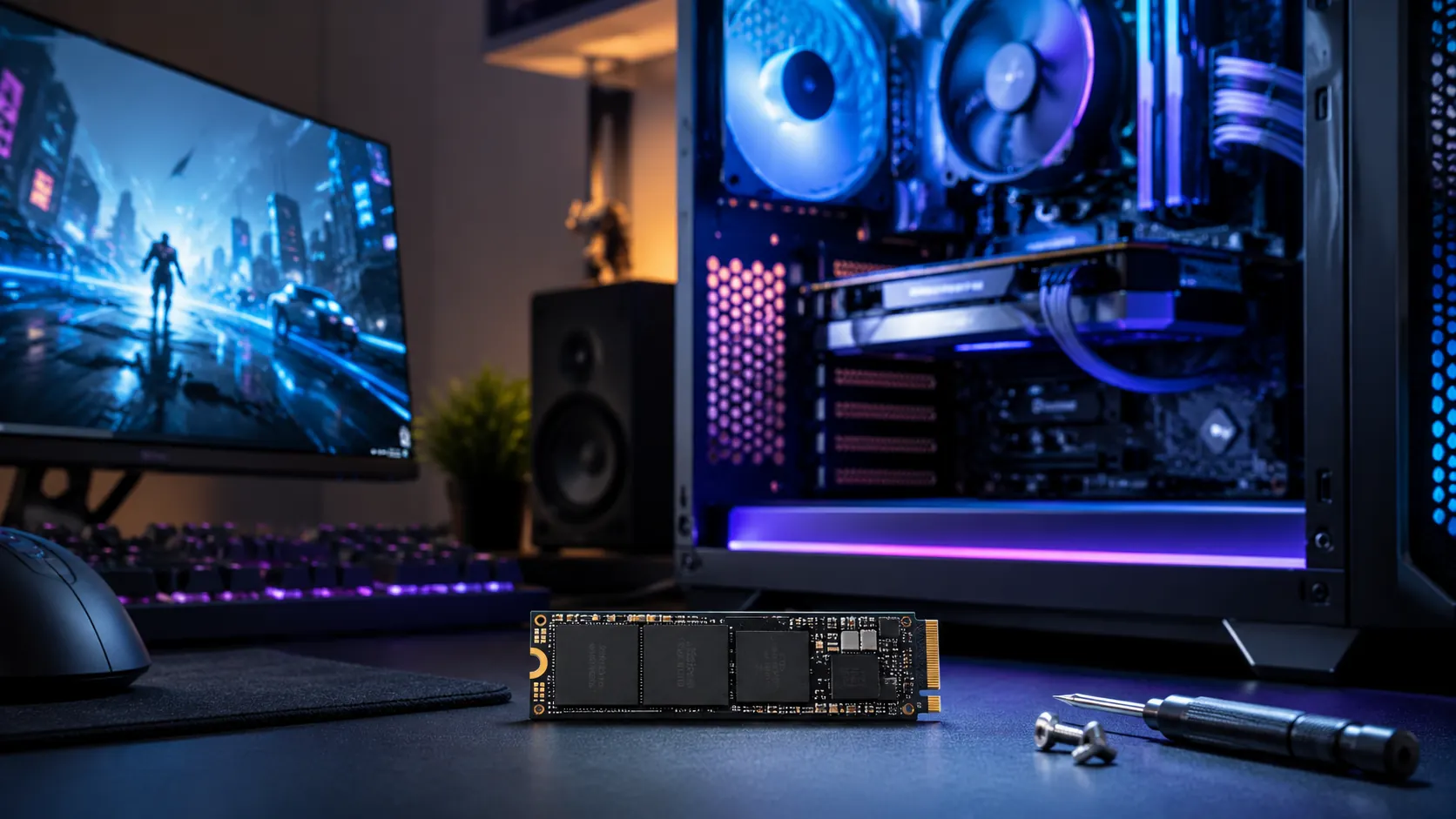 SSD NVMe 2 To devant un PC gaming moderne avec éclairage RGB.