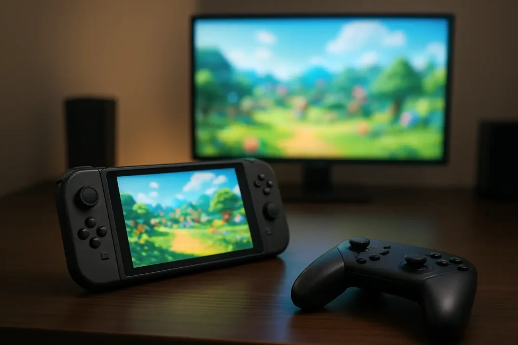 Setup gaming sobre avec écran de jeu flou pour illustrer Sucroquin et Pokémon ZA