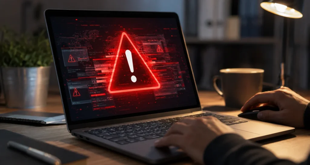Ordinateur portable affichant une alerte de sécurité signalant la présence possible d’un virus.