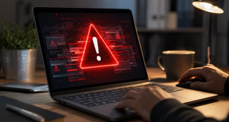 Ordinateur portable affichant une alerte de sécurité signalant la présence possible d’un virus.