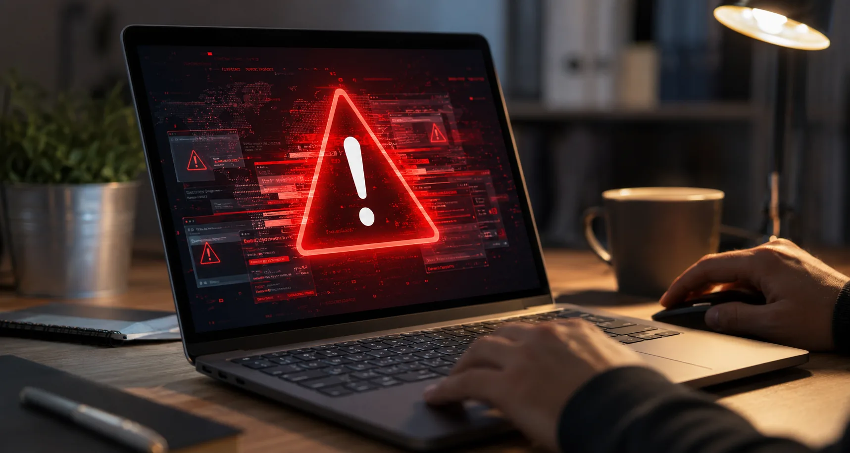 Ordinateur portable affichant une alerte de sécurité signalant la présence possible d’un virus.