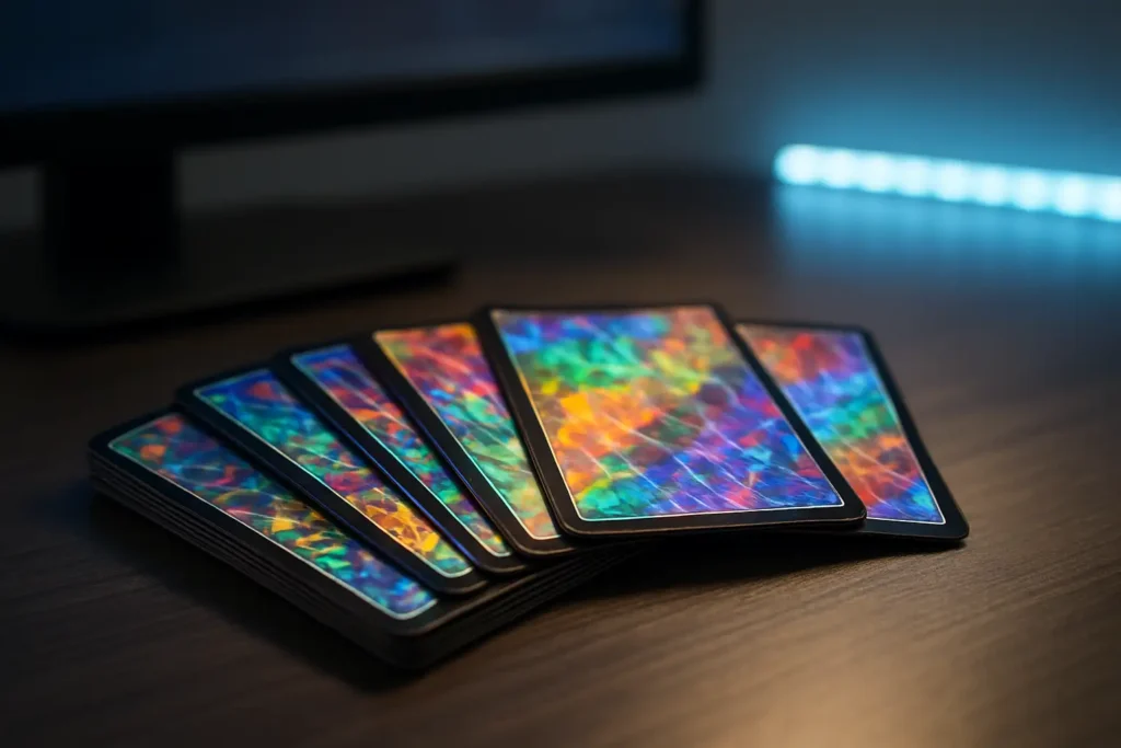 Cartes de collection gaming à finition prismatique posées sur un bureau avec un écran d’ordinateur en arrière-plan