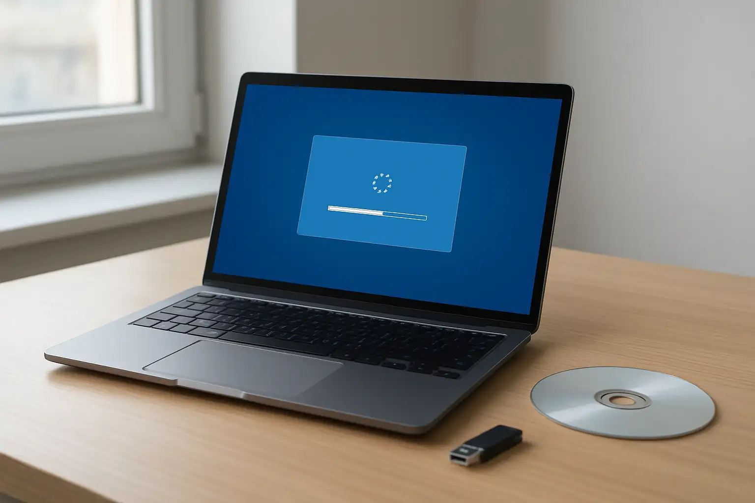 Bureau avec ordinateur portable, clé USB et disque DVD pour illustrer une image ISO de Windows 7