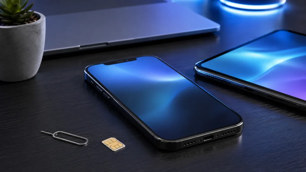 Smartphone avec carte SIM et outil d’éjection posés sur un bureau moderne avec autres appareils électroniques.