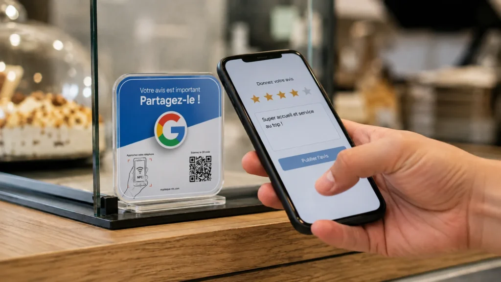 Smartphone approché d’une plaque NFC pour publier un avis Google.