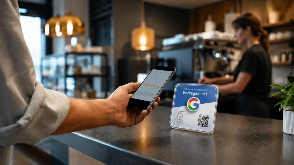 Client utilisant une plaque NFC pour laisser un avis Google dans un commerce.