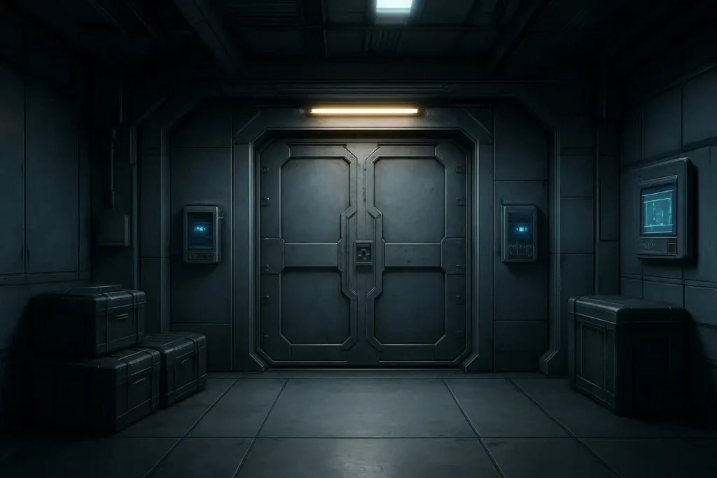 Porte verrouillée dans une zone technique de type bunker futuriste, avec du butin à proximité