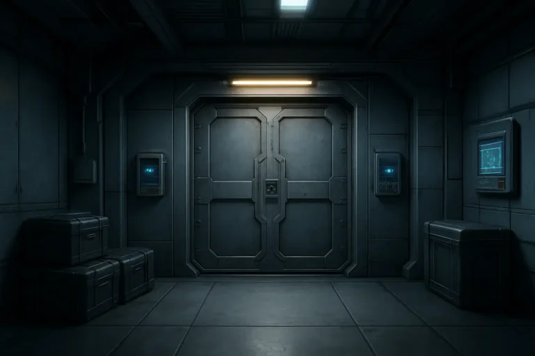 Porte verrouillée dans une zone technique de type bunker futuriste, avec du butin à proximité