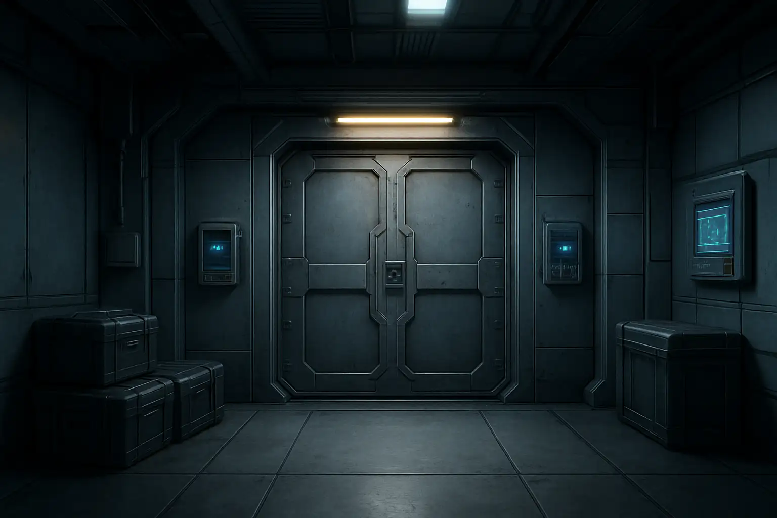 Porte verrouillée dans une zone technique de type bunker futuriste, avec du butin à proximité