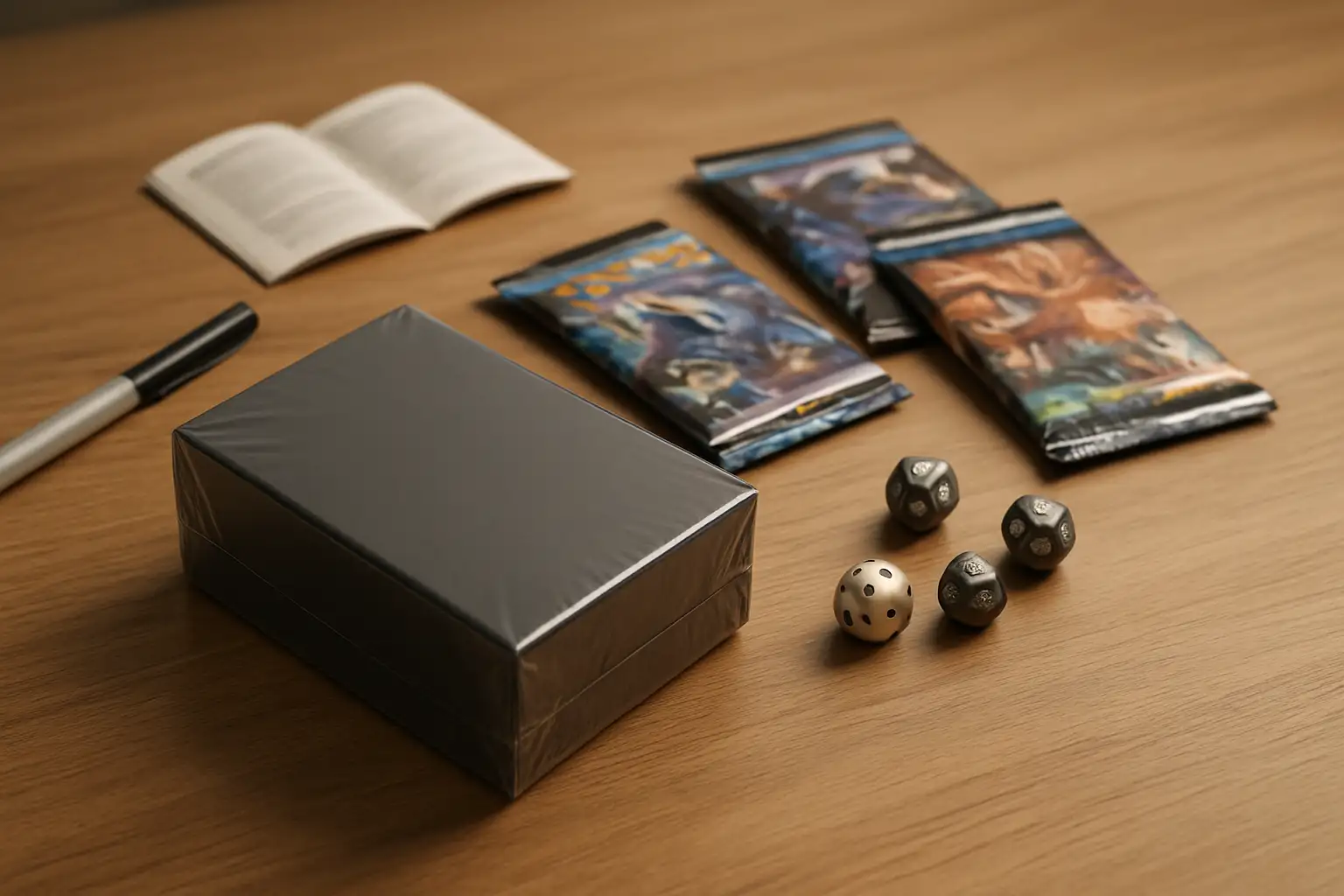 Coffret de cartes à collectionner avec boosters, dés, marqueurs et livret de règles sur une table de jeu