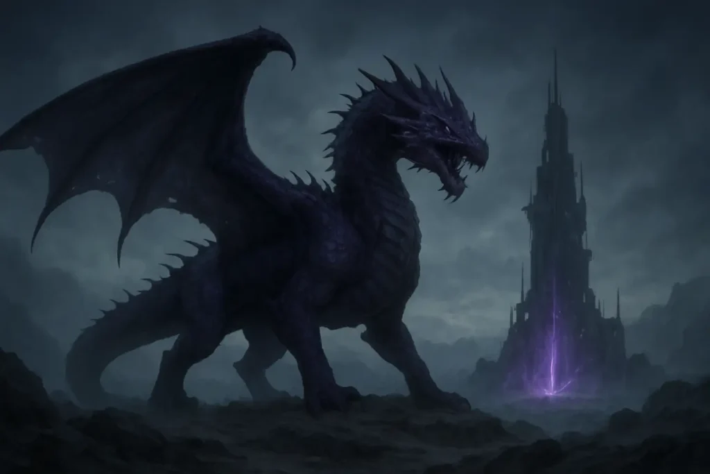 Grand dragon violet sur un terrain rocheux brumeux avec une tour technologique en ruine en arrière-plan
