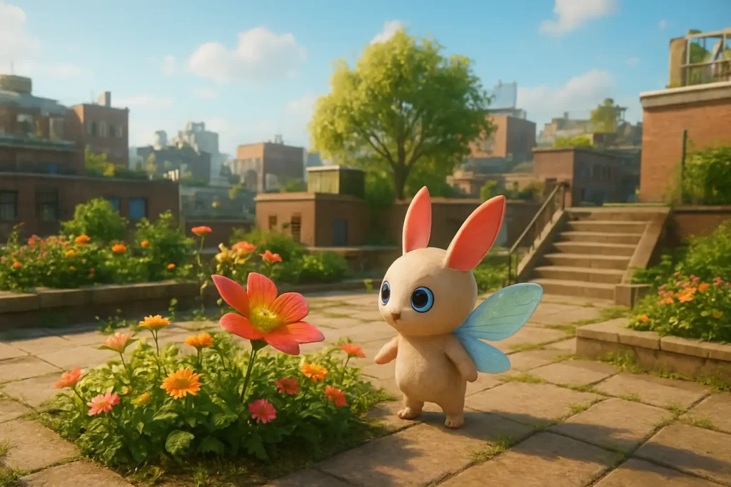 Petit Pokémon de type Fée près d’un parterre de fleurs dans un décor urbain, illustrant la recherche de Flabébé dans Pokémon Legends: Z-A