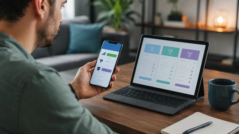 Homme comparant des forfaits mobiles sur un smartphone et une tablette dans un espace de travail.