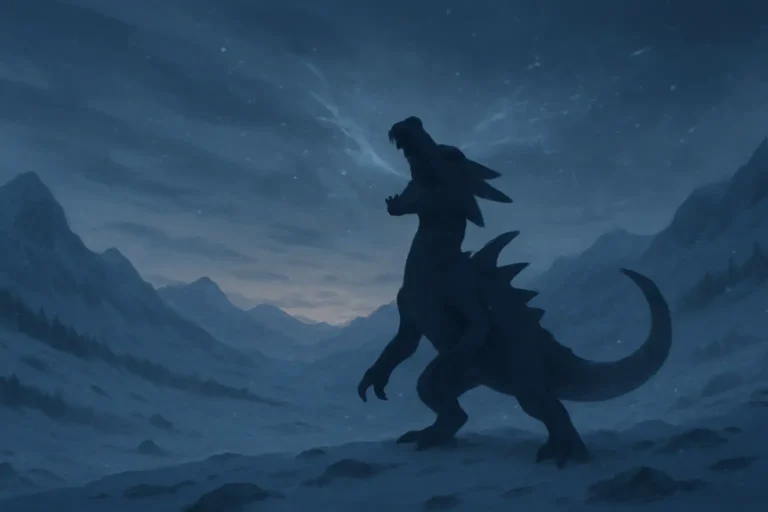 Un grand reptile draconique stylisé dans un paysage montagneux enneigé au crépuscule, avec des rafales de givre.