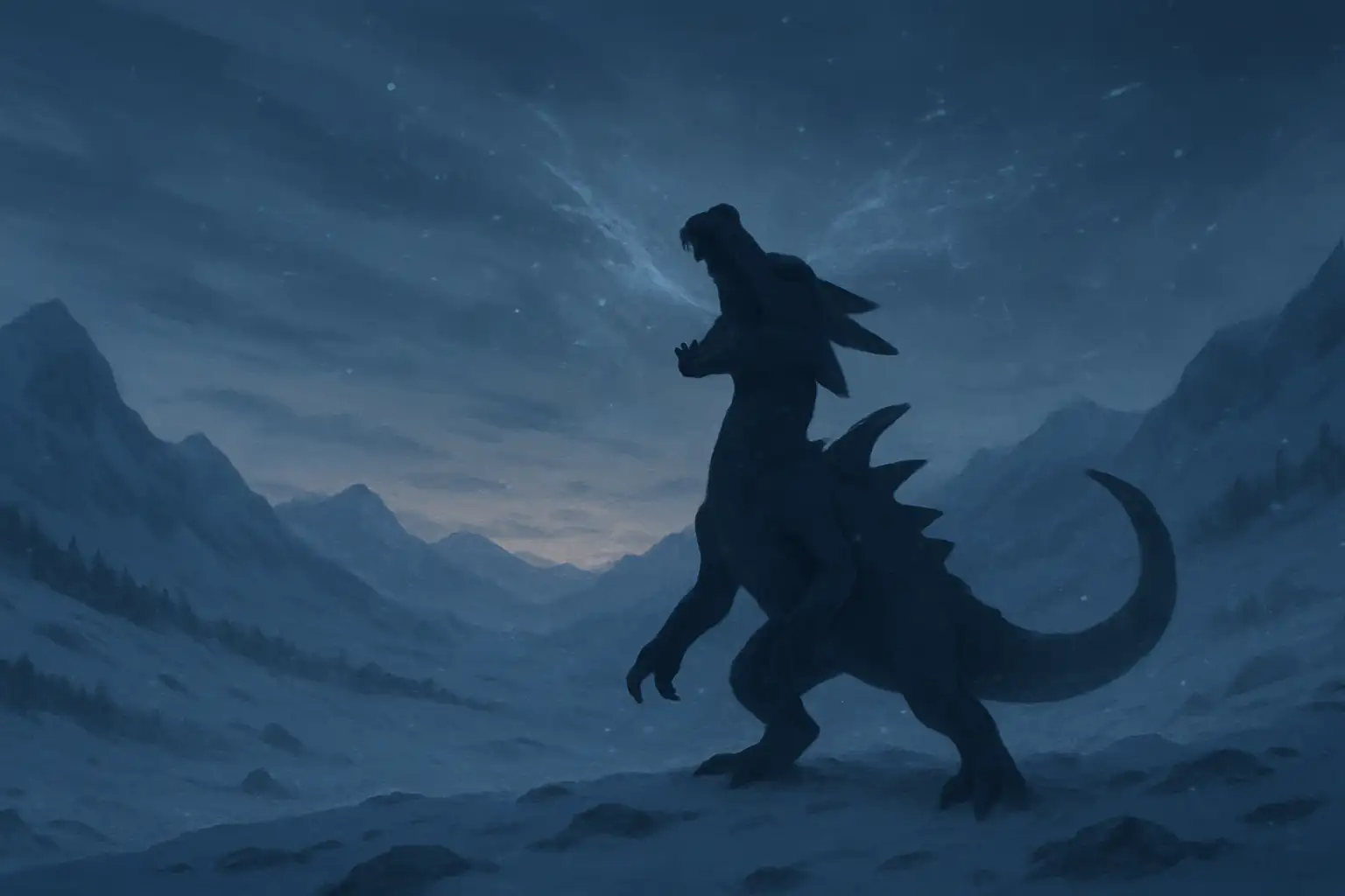 Un grand reptile draconique stylisé dans un paysage montagneux enneigé au crépuscule, avec des rafales de givre.