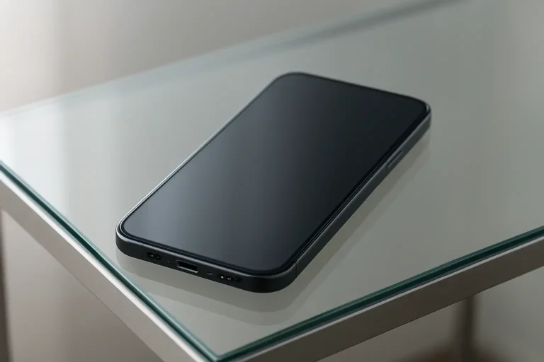 Smartphone futuriste au design bord à bord sur un bureau moderne