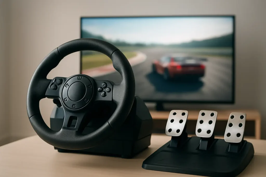 Volant et pédalier de simulation devant une télévision affichant une course automobile sur PS4