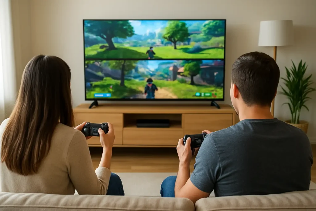 Deux joueurs jouent à la PS5 sur le même écran dans un salon moderne