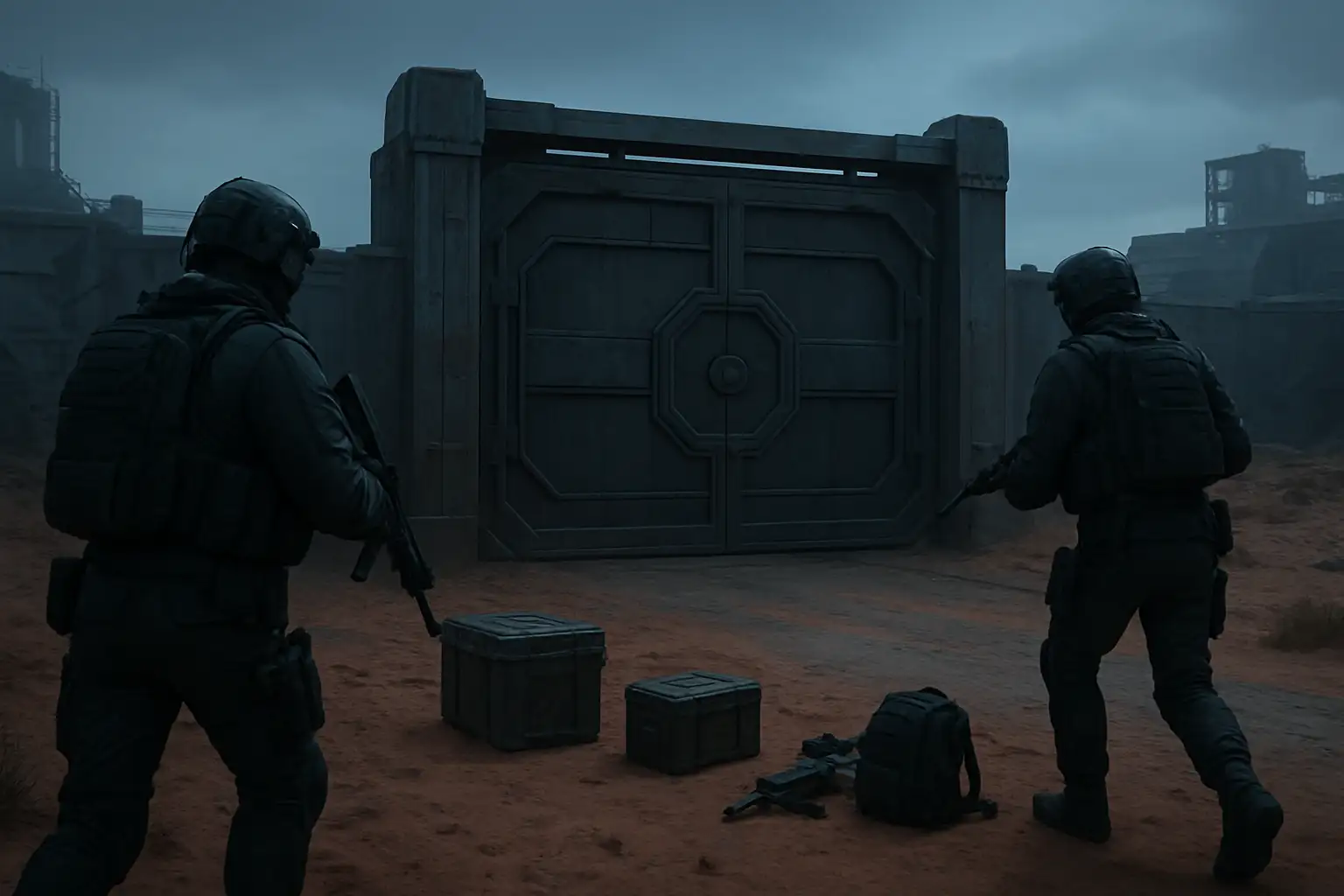 Un portail verrouillé dans une zone industrielle de science-fiction, avec des opérateurs tactiques en approche.