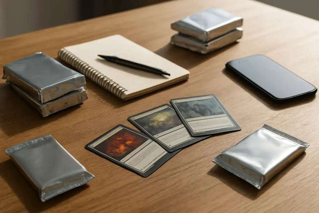 Table de préparation avec des boosters de cartes à collectionner, un téléphone et des cartes étalées avant une nouvelle sortie