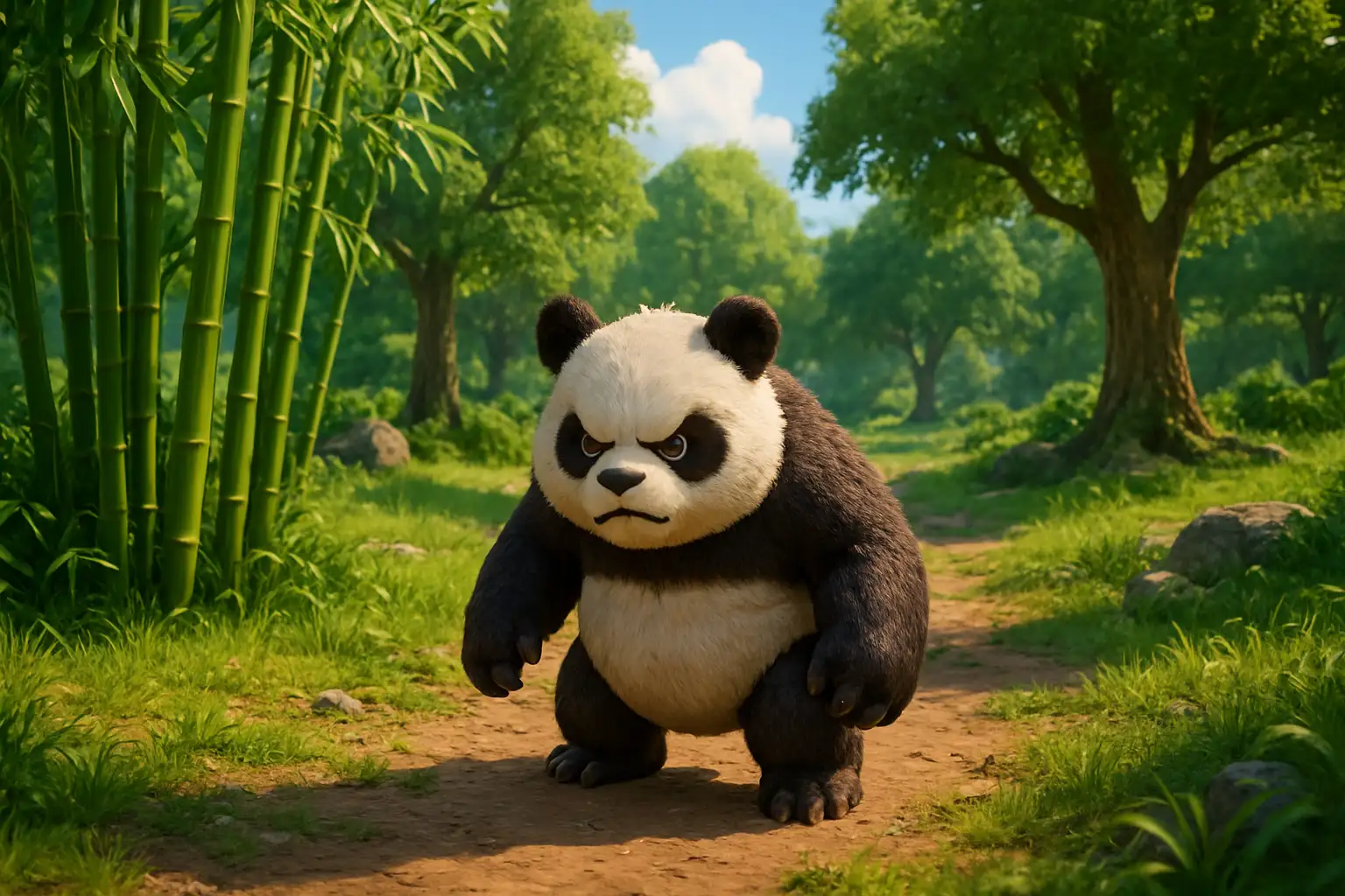 Petit monstre de combat inspiré d’un panda près de bambous dans une scène de jeu vidéo