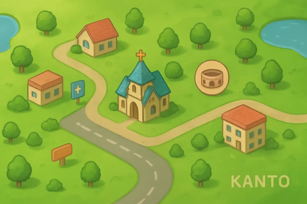 Carte stylisée de Kanto montrant une route entre deux villes, avec arène et centre Pokémon
