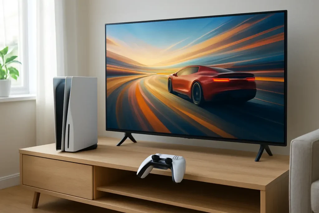 Comparatif visuel entre une PS5 Pro et une PS5 standard dans un salon avec TV 4K