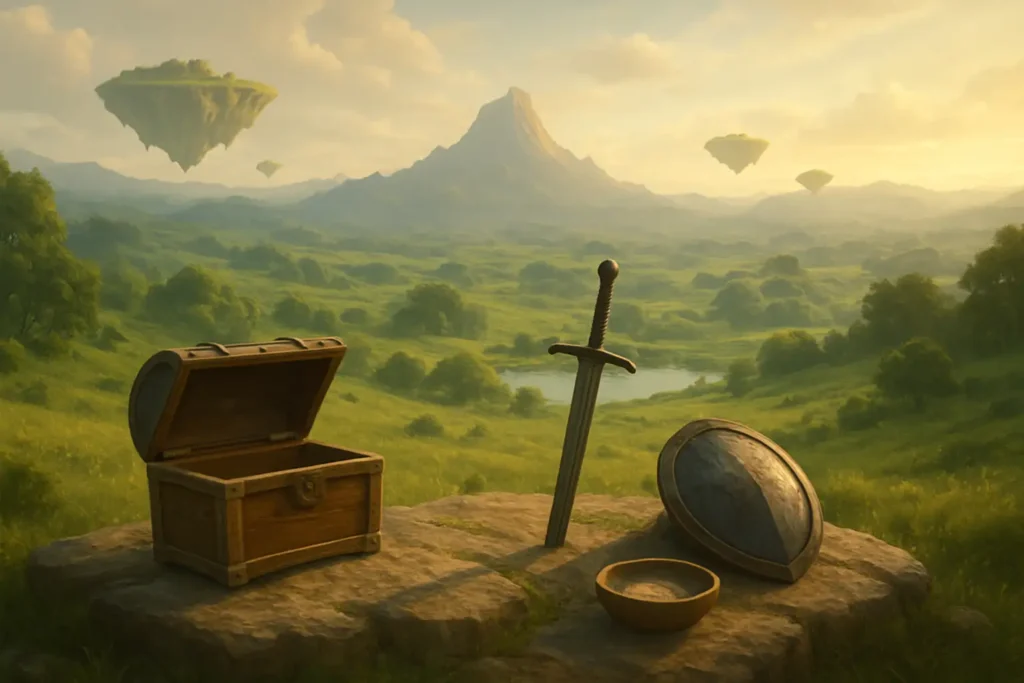Paysage d’Hyrule avec un coffre ouvert, une épée, un bouclier et un plat au premier plan