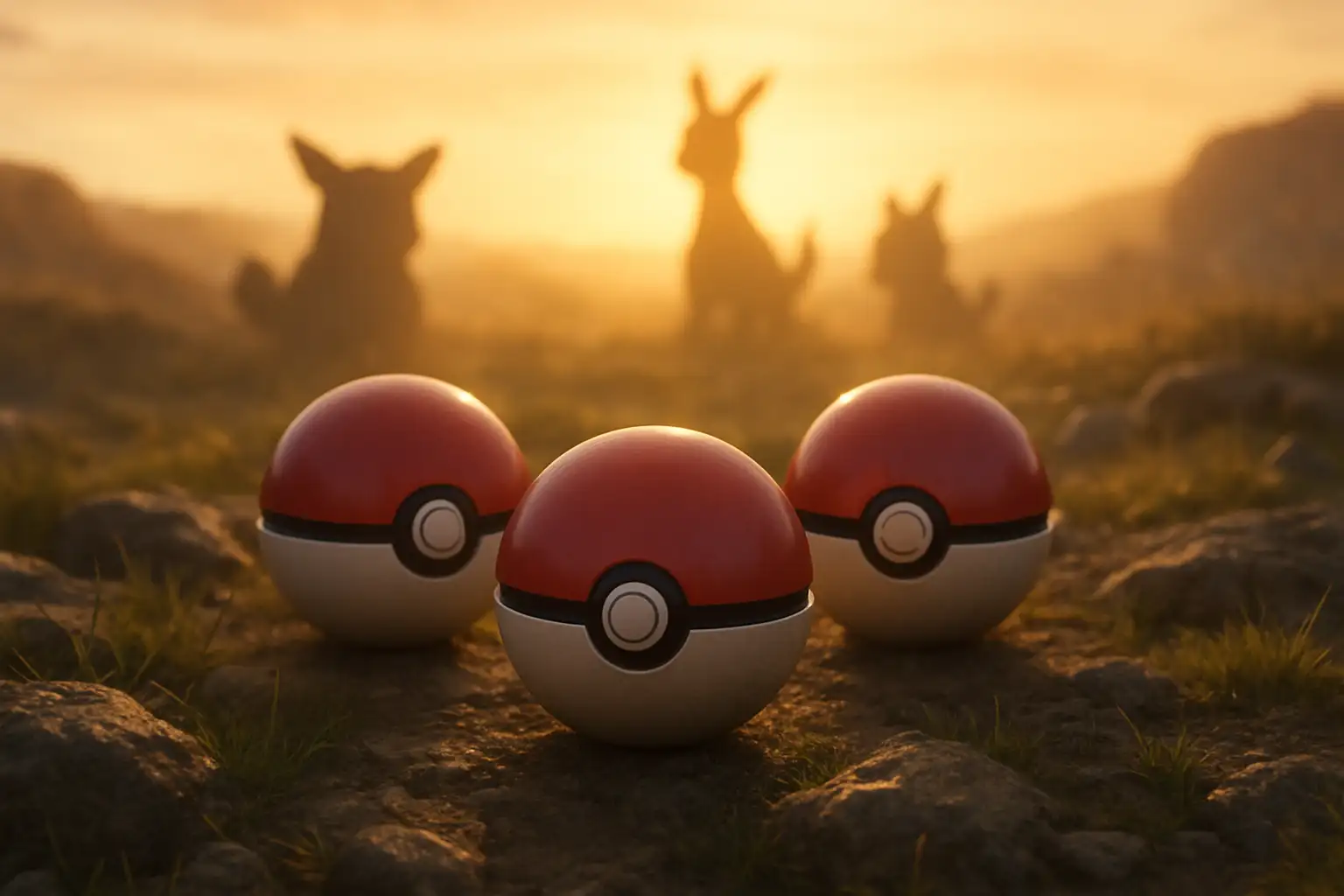 Trois capsules de départ posées sur un sol rocheux et herbeux, dans une ambiance d’exploration inspirée de Pokémon Legends: Z-A.