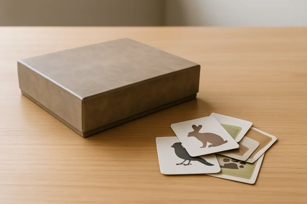 Boîte de jeu fermée posée sur une table en bois clair, avec des cartes illustrées d’animaux et de qualités