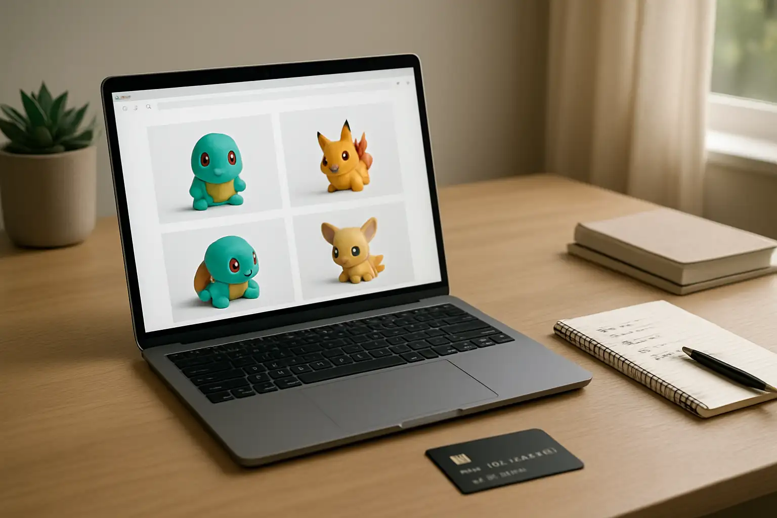 Bureau avec ordinateur, carte bancaire et notes de vérification avant achat sur une boutique de produits de collection
