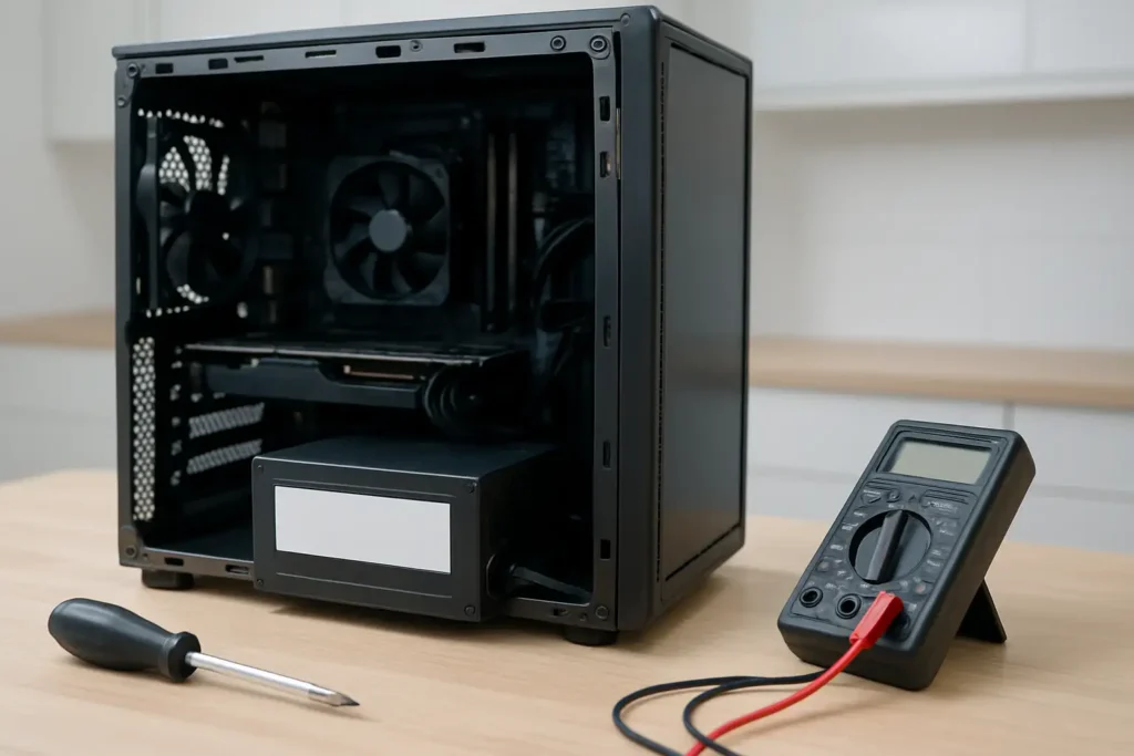 Bloc d’alimentation d’un PC de bureau avec son étiquette visible et un outil de test à côté