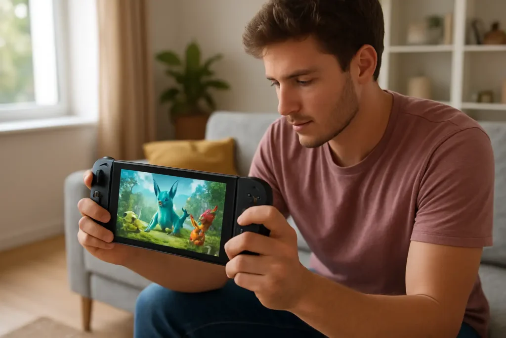Joueur devant une console portable dans un univers de jeu vidéo fantastique