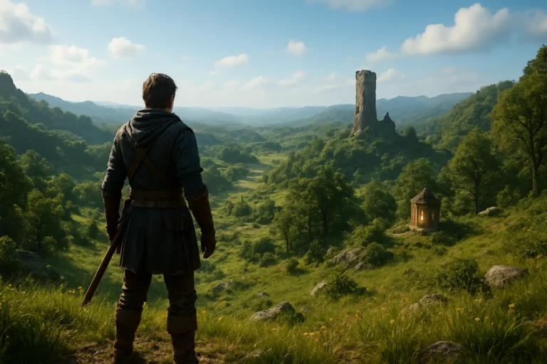 Guide de progression pour un jeu d’aventure en monde ouvert avec tour ancienne et sanctuaire au loin