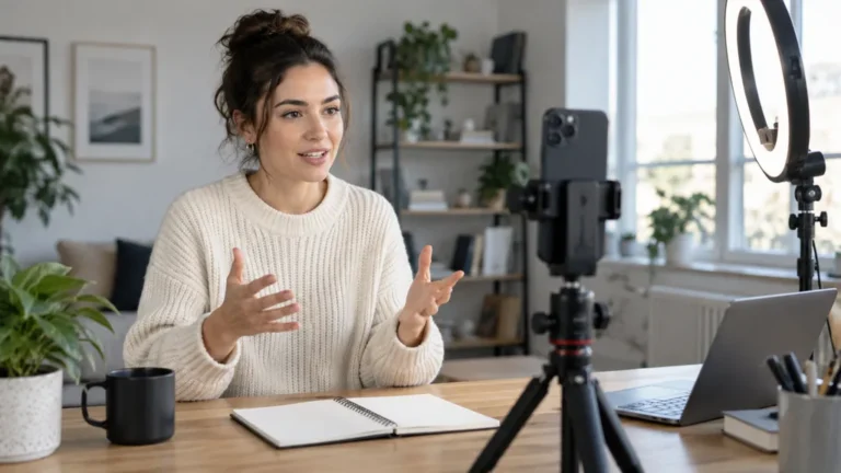 Créatrice filmant une vidéo verticale avec un smartphone et une lampe annulaire