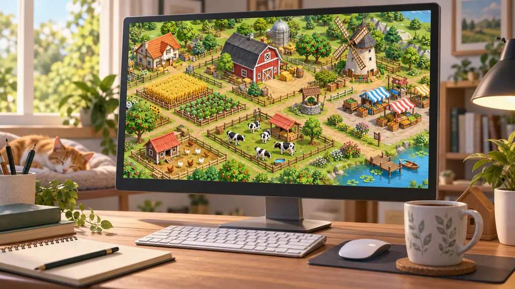 Ferme virtuelle colorée affichée sur un écran d’ordinateur
