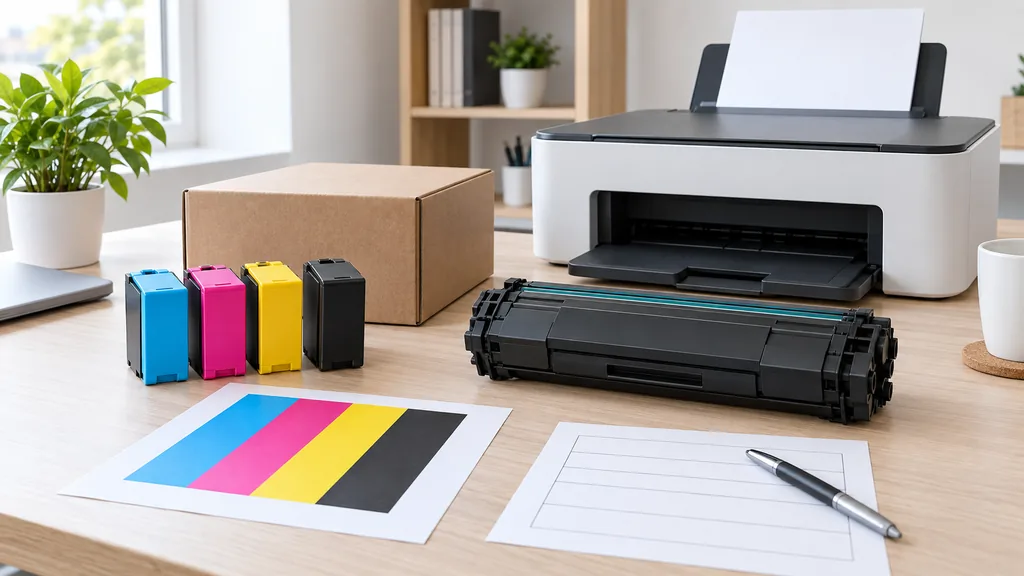 Cartouches d’encre génériques, toner, imprimante et colis sur un bureau clair