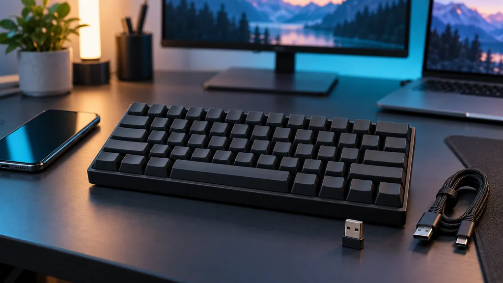 Clavier mécanique sans fil compact avec récepteur USB, câble et smartphone sur un bureau