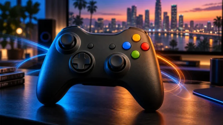 Manette générique à disposition Xbox 360 devant une ville fictive au crépuscule