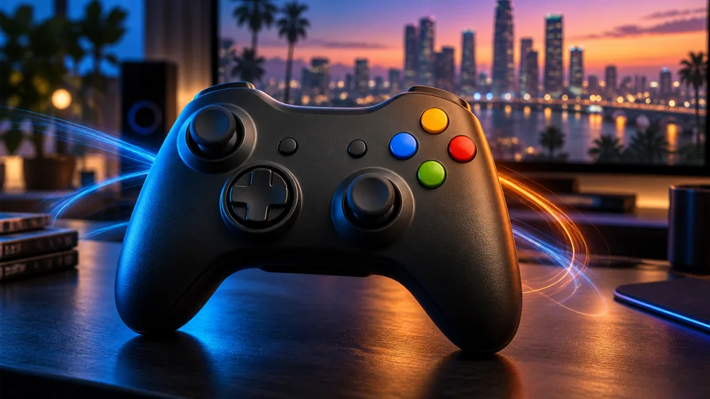 Manette générique à disposition Xbox 360 devant une ville fictive au crépuscule