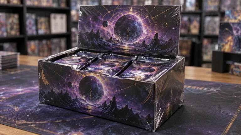 Display scellé de boosters illustrés de motifs cosmiques violets dans une boutique de cartes