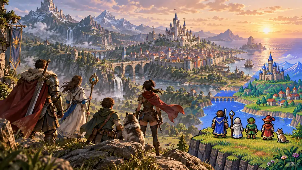 Groupe d’aventuriers observant un royaume fantastique représenté en 3D et en pixel art