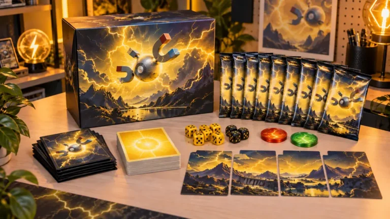 Coffret de cartes à collectionner électrique avec neuf boosters, protège-cartes, dés et marqueurs