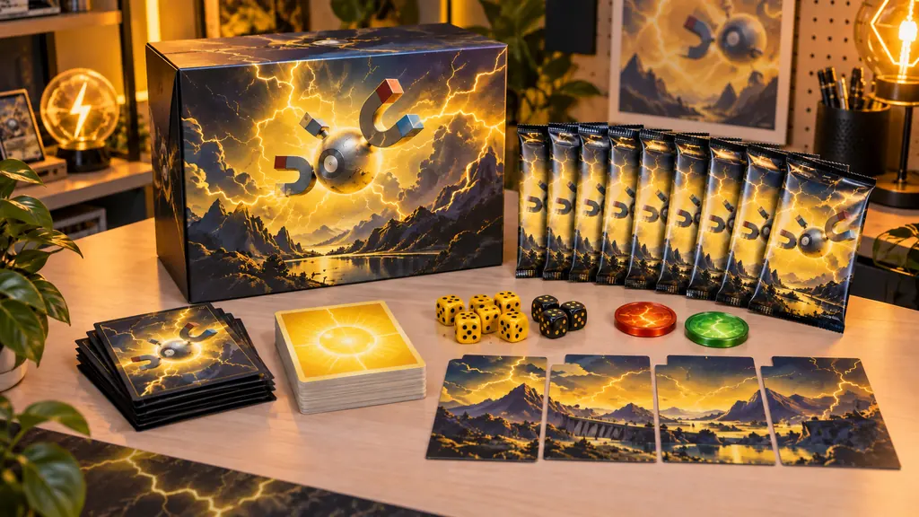 Coffret de cartes à collectionner électrique avec neuf boosters, protège-cartes, dés et marqueurs