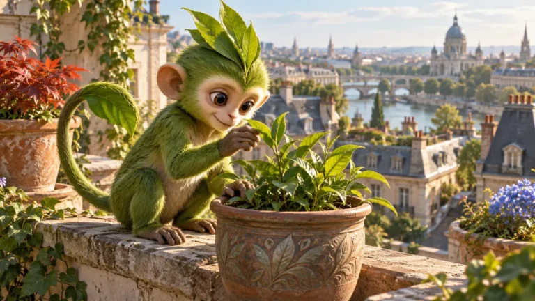 Petit singe vert à crête feuillue observant un plant de thé sur un toit urbain ensoleillé