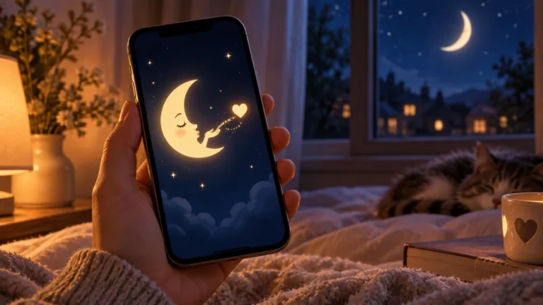 Téléphone affichant une lune qui envoie un baiser lumineux dans une chambre de nuit