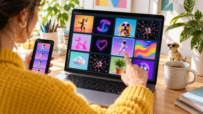 Personne parcourant des vignettes d’animations colorées sur un ordinateur et un smartphone