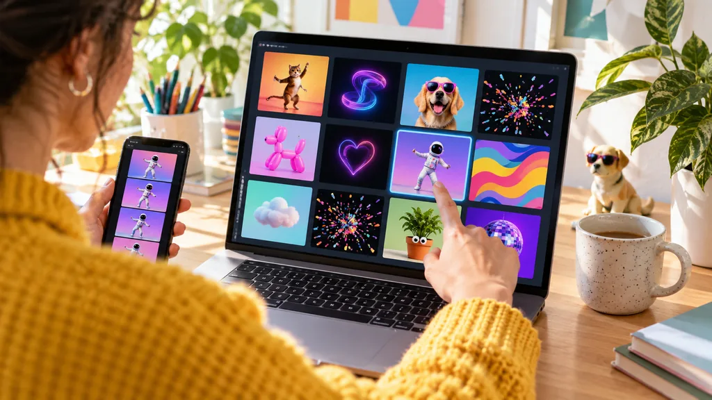 Personne parcourant des vignettes d’animations colorées sur un ordinateur et un smartphone