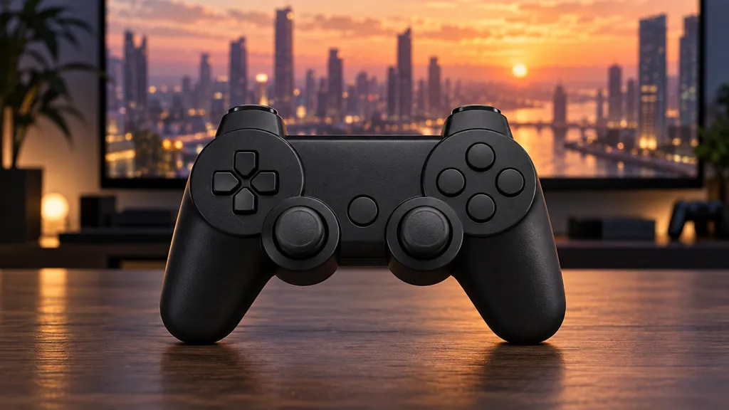 Manette noire à deux sticks devant un jeu urbain affiché sur un téléviseur